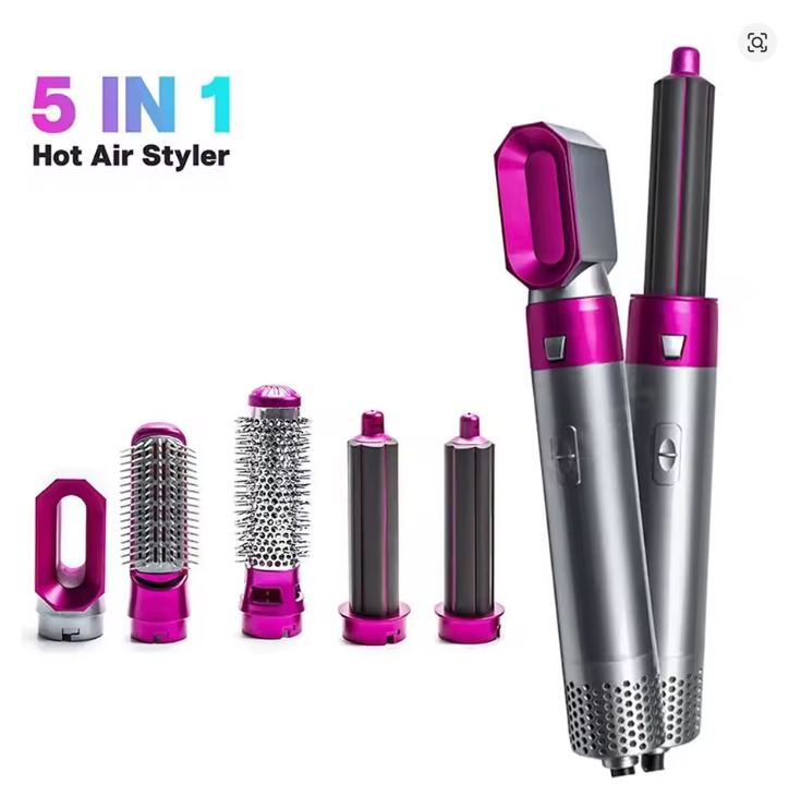 Perie de Păr 5 în 1 – Uscător, Ondulator plus functie de indreptare, cu Aer Cald, 1000W, Tehnologie Ceramică, Accesorii Interschimbabile, Roz/Argintiu