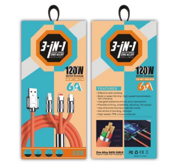 Cablu 3-in-1 (USB-C, Lightning, Micro-USB), 120W, 6A, lungime 1.2m. Încărcare super rapidă, rezistent la îndoiri, cu LED inteligent și construcție premium Zinc Alloy
