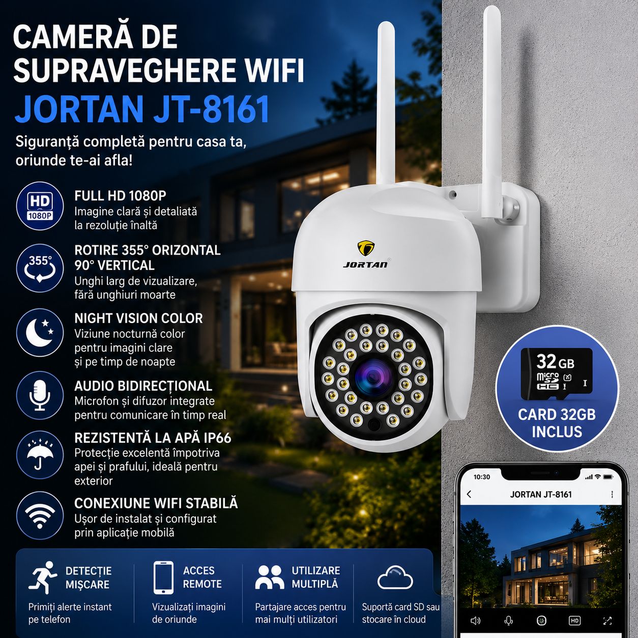 Pachet 2 Camere de Supraveghere WiFi Jortan JT-8161 + 2 Carduri 32GB Incluse – Full HD 1080P, Rotire 355°, Night Vision Color, Audio Bidirecțional