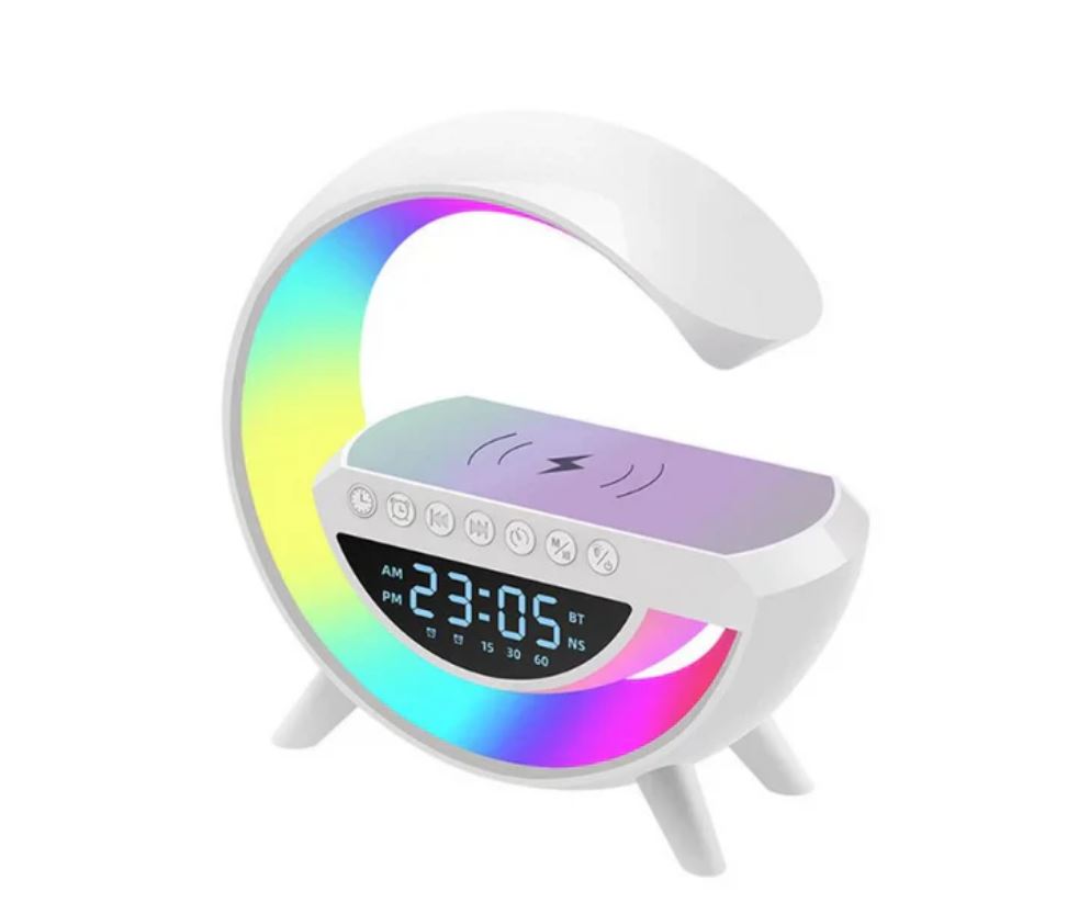 Boxă Portabilă cu LED Multicolor, Radio FM, Bluetooth 5.2, Microfon & Ceas Digital – Baterie Reîncărcabilă, Sunet 360°, 24×23×8 cm