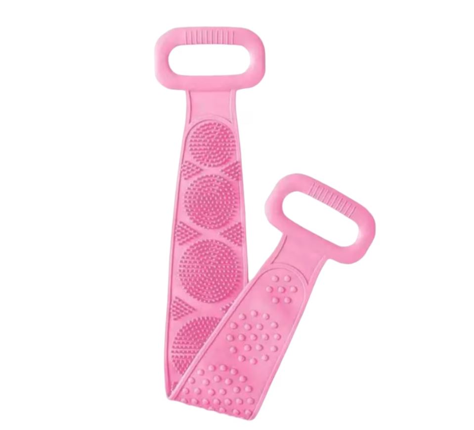 Set 2 Bureți Tip Bandă din Silicon pentru Spălarea Spatelui – Exfoliere & Masaj – 60x10 cm – Albastru/Roz/Mov