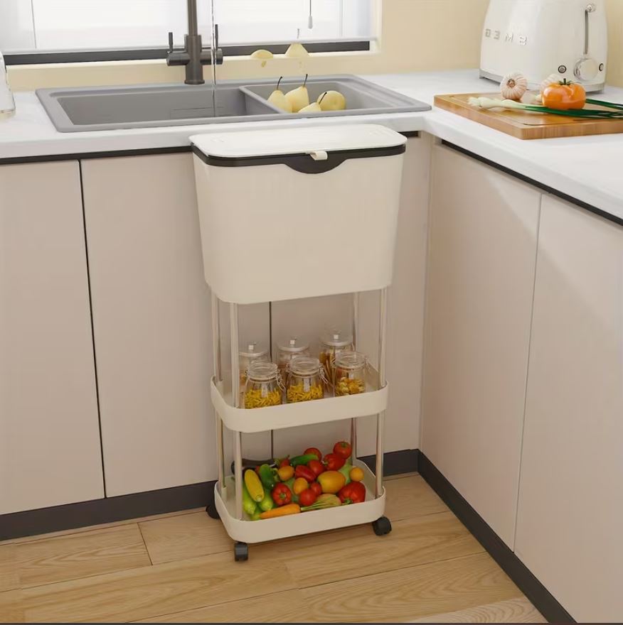 Cărucior Organizator Mobil cu 3 Niveluri și Roți, Raft Multifuncțional Slim pentru Bucătărie, Baie, Birou sau Living, Design Compact și Modern, Gri