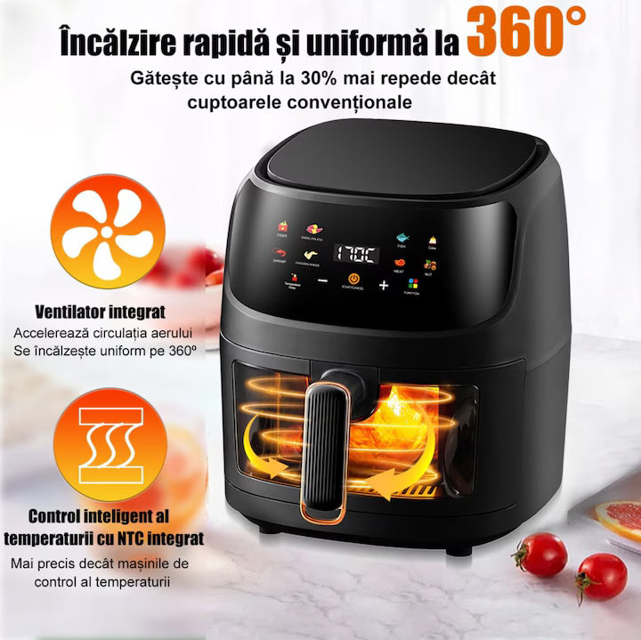 Friteuză cu Aer Cald 8L 2400W SILVER LOVE – Air Fryer Digital cu Coș Transparent și Afișaj LED, Gătire Rapidă fără Ulei