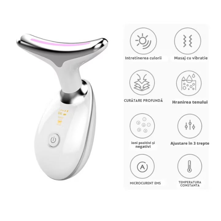 Dispozitiv antirid și lifting pentru gât, Stimulare EMS, Funcție de încălzire, Masaj, Vibratii, 3 moduri de culoare