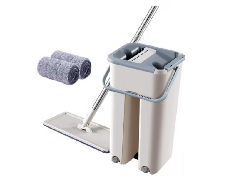 Mop profesional cu găleată 2 compartimente (spălare + uscare), sistem stoarcere automată + 2 rezerve microfibră , mop plat telescopic inox