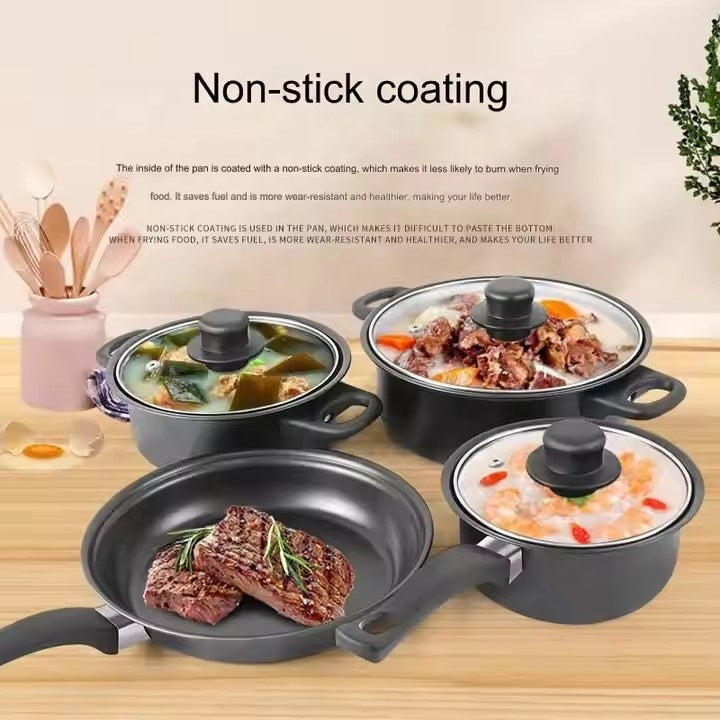 Set oale și tigăi 13 piese antiaderente, ustensile silicon alimentar, pentru inducție, negru + ascuțitor cuțite & cuțit ondulat