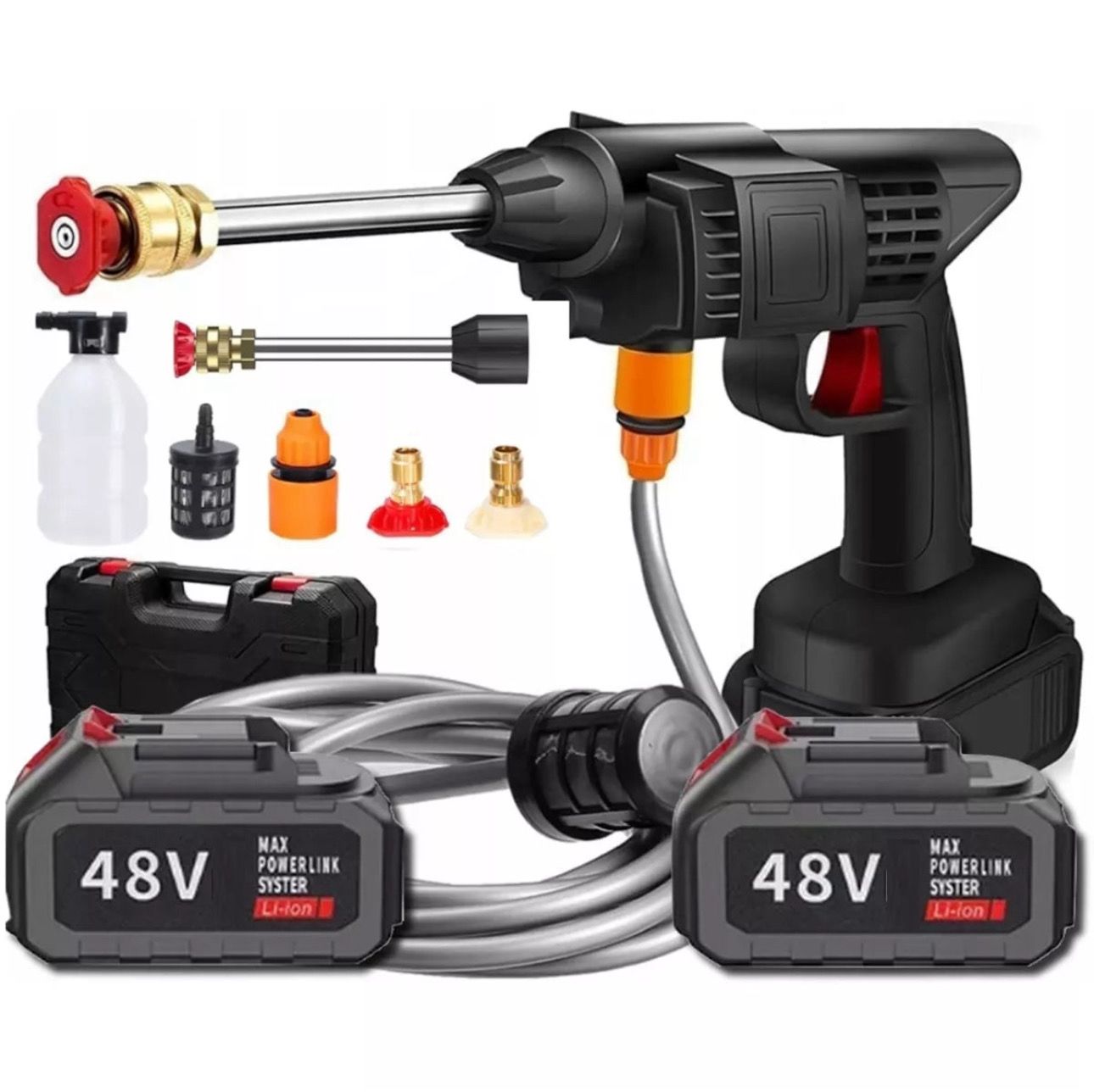 Aparat de Spălat cu Presiune Portabil 48V – Putere Maximală, 2 Baterii Incluse, Spumare & Accesorii Complete