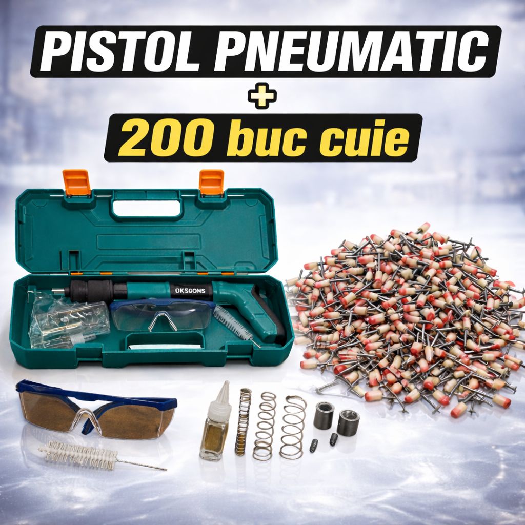 Pistol Pneumatic Profesional pentru Cuie și Nituri + 200 Cuie Incluse – Set Complet cu Accesorii și Cutie, pentru Lemn, Beton, Rigips și Cărămidă