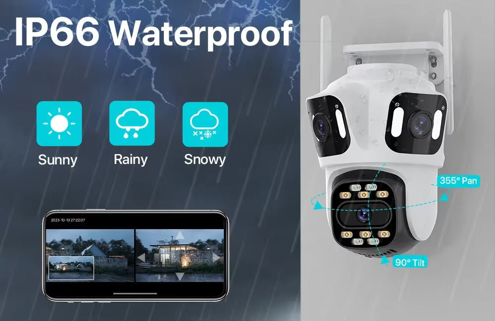 Cameră Triplă de Supraveghere Wi-Fi PTZ P15 4K – 3 Lentile, Night Vision, Audio Bidirecțional