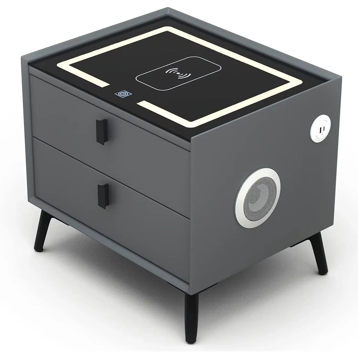Noptiera Smart Multifunctionala cu LED, Incarcare Wireless si USB, Difuzor Bluetooth, 2 Sertare, Design Premium