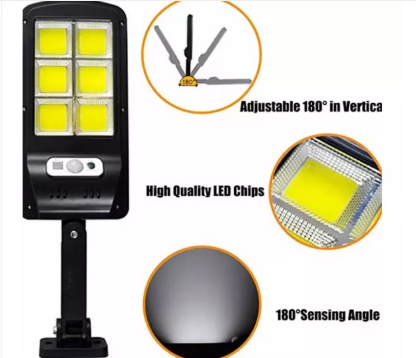 Set 4 Lămpi Solare Stradale 120 LED cu Senzor de Mișcare, Telecomandă, Brat de Montare și Panou Solar Incorporat – 3 Moduri de Iluminare, Negru