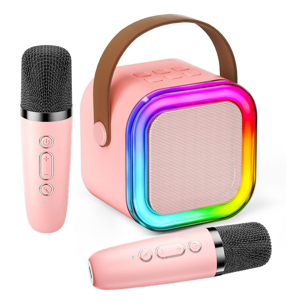 Set Karaoke cu 2 Microfoane Wireless și Boxă Bluetooth – LED RGB, Sunet 3D, 5 Efecte Vocale,USB-C, Portabil, Roz