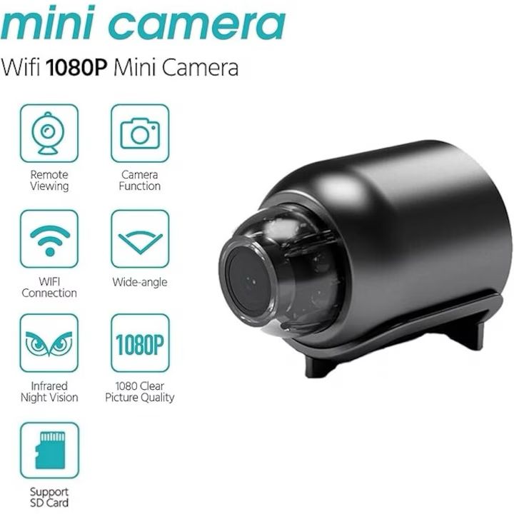 Mini Cameră Spion X5 WiFi, Night Vision, 1080p, Audio-Video, Fotografiere și Monitorizare Live – Negru