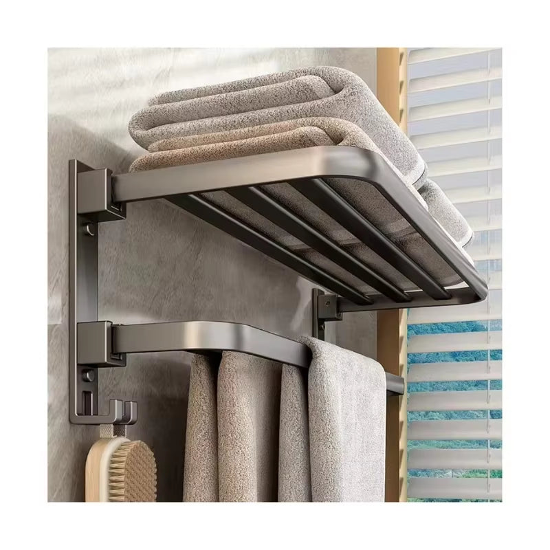 Suport Prosoape Baie Pliabil 60 cm, Aluminiu Premium Anti-Rugina, cu Poliță și Cârlige, Montaj Fără Găurire sau cu Șuruburi, Gri Antracit