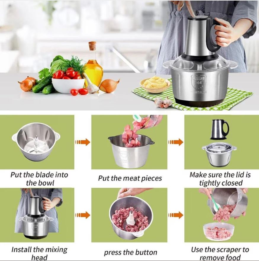 Tocător Electric Profesional 1000W – Bol Inox 5L, 5 Lame Oțel, 3 Trepte Viteză – Carne & Legume