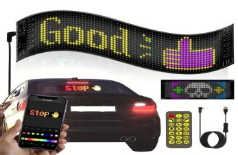 Panou LED flexibil pentru lunetă auto, dimensiune 12x60 cm, cu control wireless prin aplicație și proiecție multicoloră.