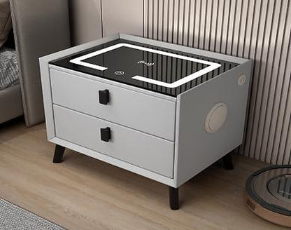 Noptieră Inteligentă Multifuncțională , 2 Sertare, LED-uri Tactile, 3 Tipuri de Culoare, Încărcare fără Fir, Difuzor Bluetooth, Incarcare Usb, Sticla Securizata, Marime 50*40*45 Gri Deschis