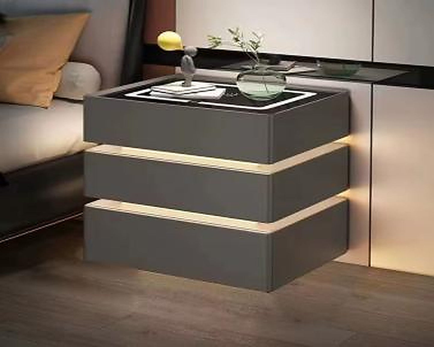 Noptieră Smart Multifuncțională cu 3 Sertare, LED 3 Culori, Încărcare Wireless + USB și Bluetooth, 50x40x72 cm, Gri Închis / Gri Deschis