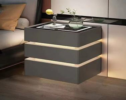 Noptieră Smart Multifuncțională cu 3 Sertare, LED 3 Culori, Încărcare Wireless + USB și Bluetooth, 50x40x72 cm, Gri Închis / Gri Deschis