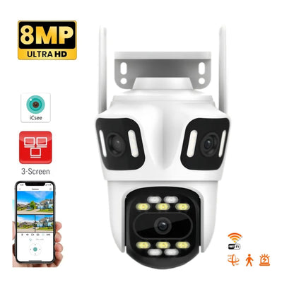 Cameră Triplă de Supraveghere Wi-Fi PTZ P15 4K – 3 Lentile, Night Vision, Audio Bidirecțional