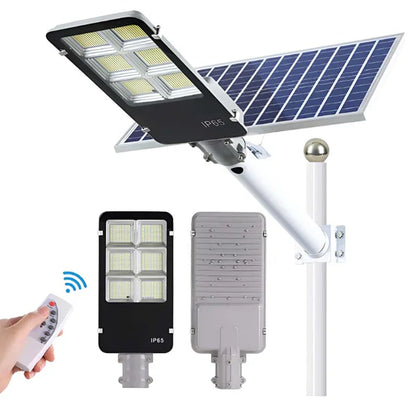 Lampă Solară Stradală Jortan 400W cu Panou Solar și Braț de Susținere – 396 LED SMD, Telecomandă, IP66, Autonomie Extinsă