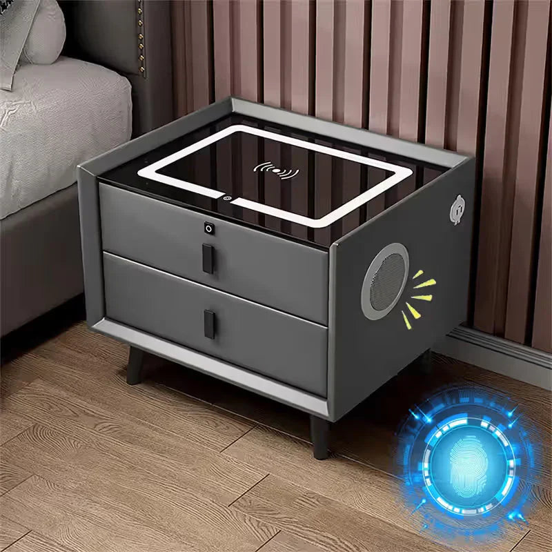Noptiera Smart Multifunctionala cu LED, Incarcare Wireless si USB, Difuzor Bluetooth, 2 Sertare, Design Premium