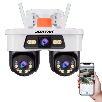 Camera de Supraveghere WiFi Jortan Tripla 9MP PTZ 355° cu 3 Lentile, Night Vision Color, Audio Bidirecțional, IP66 + Card 32GB Inclus