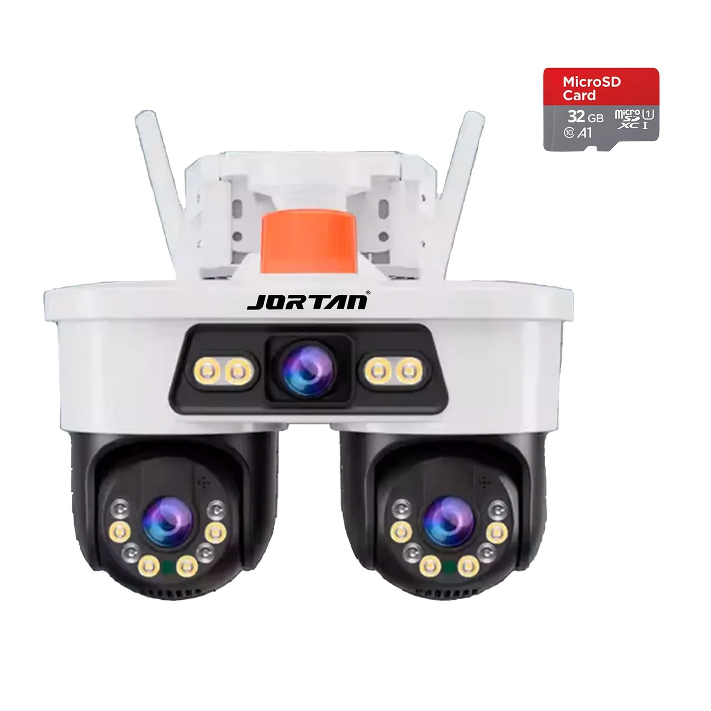 Camera de Supraveghere WiFi Jortan Tripla 9MP PTZ 355° cu 3 Lentile, Night Vision Color, Audio Bidirecțional, IP66 + Card 32GB Inclus