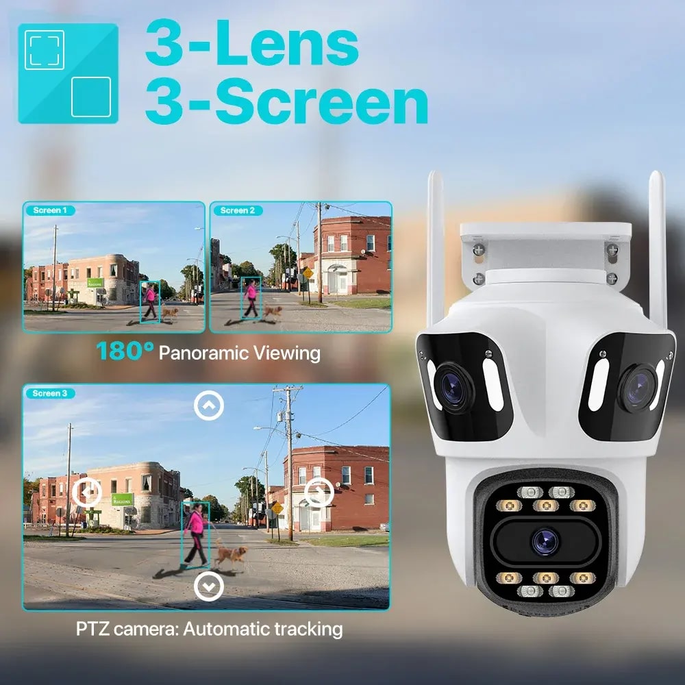 Cameră Triplă de Supraveghere Wi-Fi PTZ P15 4K – 3 Lentile, Night Vision, Audio Bidirecțional