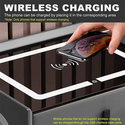 Noptiera Smart Multifunctionala cu LED, Incarcare Wireless si USB, Difuzor Bluetooth, 2 Sertare, Design Premium
