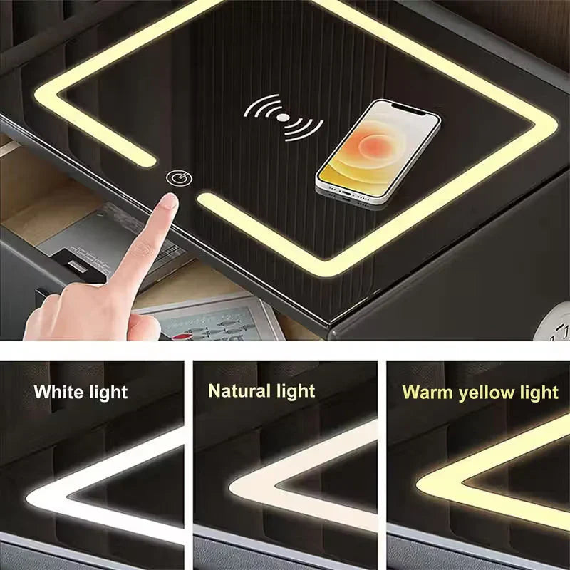 Noptiera Smart Multifunctionala cu LED, Incarcare Wireless si USB, Difuzor Bluetooth, 2 Sertare, Design Premium