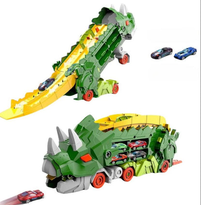 Set Camion Dinozaur Transformabil 2 în 1 cu Rampă de Curse și Mașinuțe – Jucărie Interactivă cu Funcții Multiple, Depozitare Inclusă, 43 cm