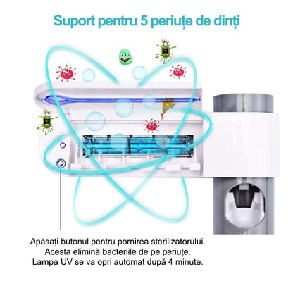 Dozator Pastă de Dinți și Suport Periuțe cu Sterilizare UV – Antibacterian