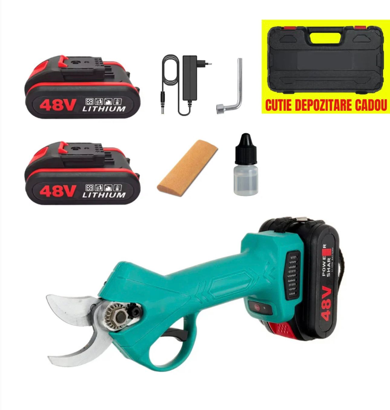 Foarfecă Electrică de Grădină 48V cu 2 Acumulatori – Lamă Robustă și Geantă de Transport Inclusă