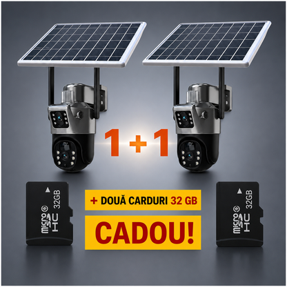 Set Două Camere Supraveghere 4K cu Panou Solar – Dubla Lentilă, 360°, Zoom 10X + Două Carduri 32GB !