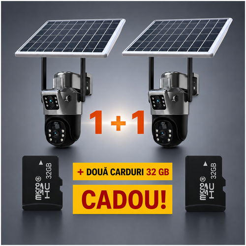 Set Două Camere Supraveghere 4K cu Panou Solar – Dubla Lentilă, 360°, Zoom 10X + Două Carduri 32GB !