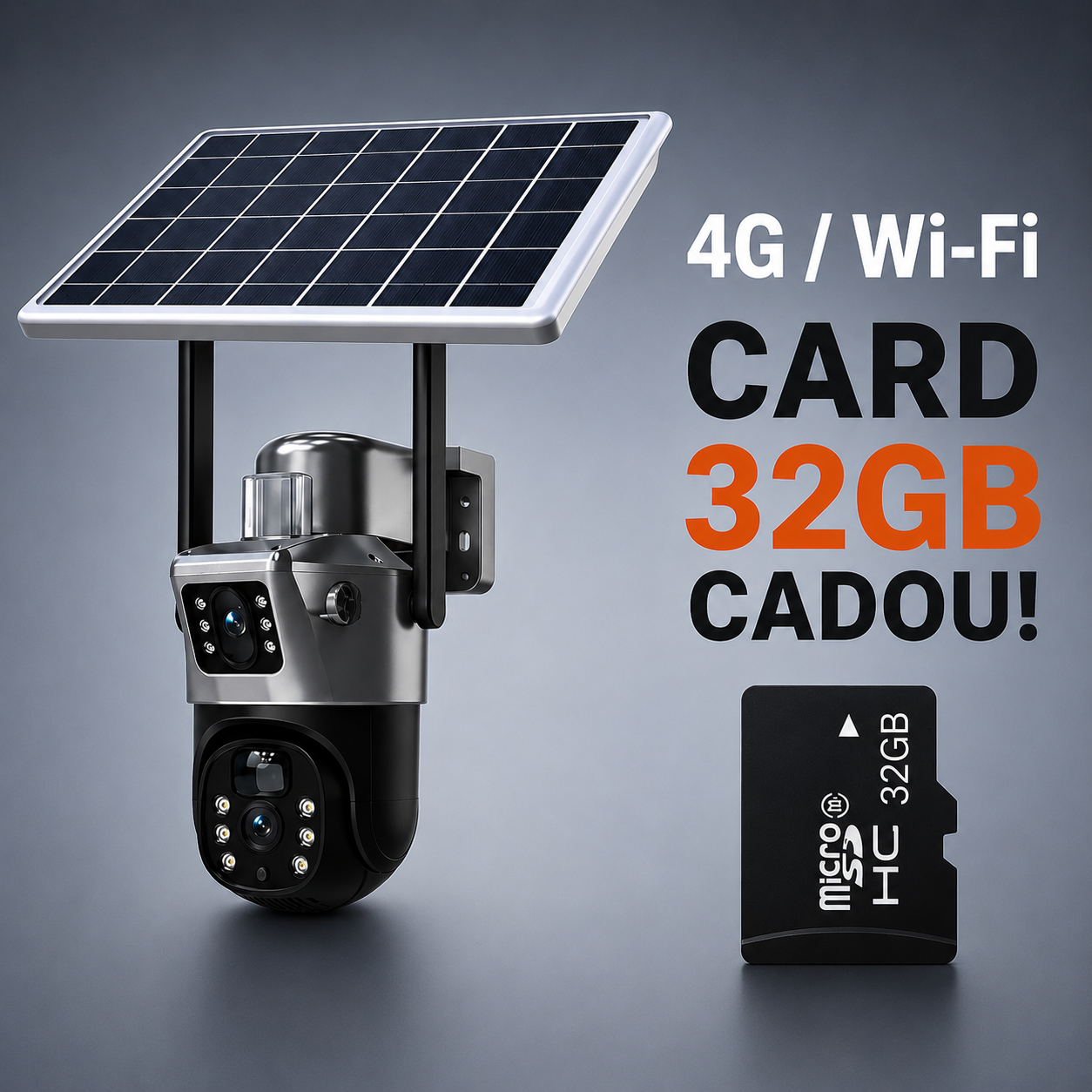 Cameră Supraveghere 4K cu Panou Solar – Dubla Lentilă, 360°, Zoom 10X + Card 32GB !