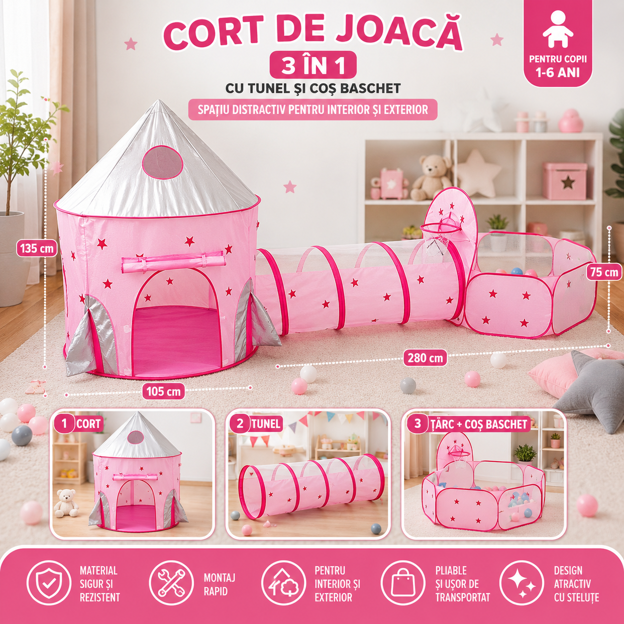 Cort de Joacă Copii 3 în 1 cu Tunel și Coș Baschet, Roz – Spațiu Distractiv pentru Interior și Exterior