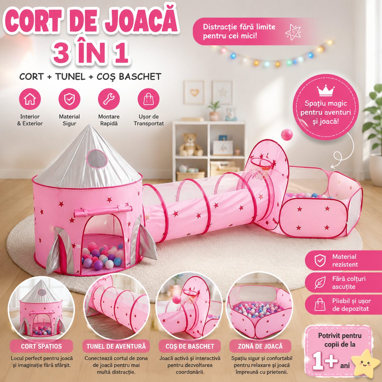 Cort de Joacă Copii 3 în 1 cu Tunel și Coș Baschet, Roz – Spațiu Distractiv pentru Interior și Exterior