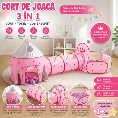 Cort de Joacă Copii 3 în 1 cu Tunel și Coș Baschet, Roz – Spațiu Distractiv pentru Interior și Exterior