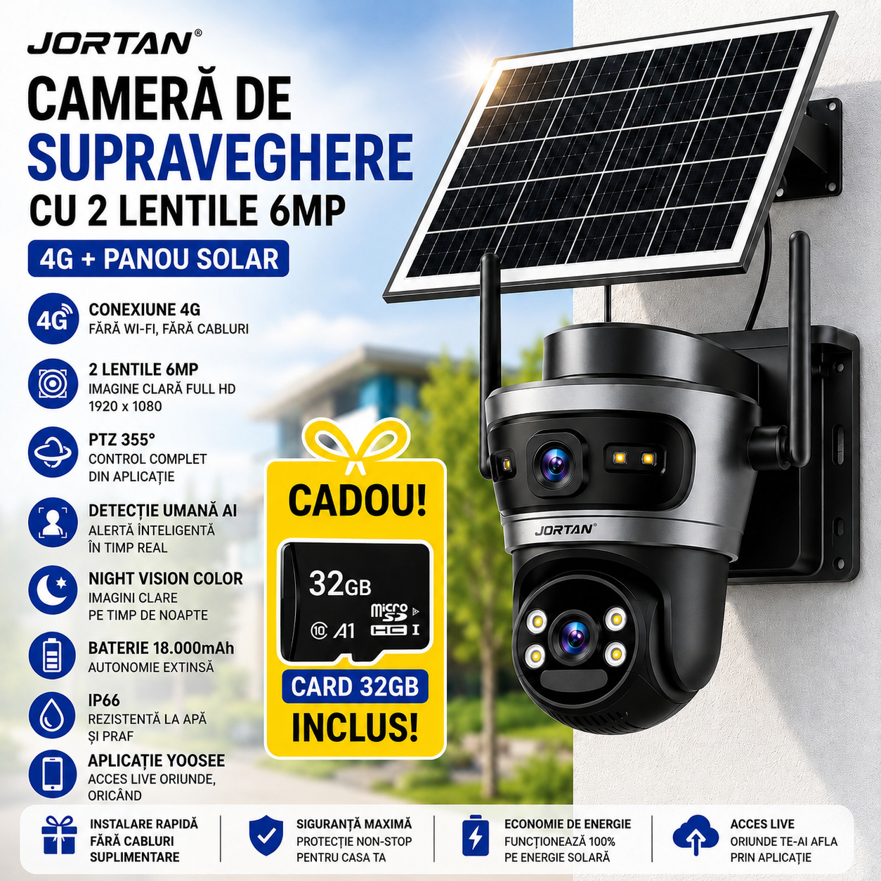 Camera de Supraveghere Jortan 4GHD cu 2 Lentile 6MP, 4G, Panou Solar, 18.000mAh, PTZ 355°, IP66, HD 1920 x 1080, Aplicație Yoosee + Card 32GB