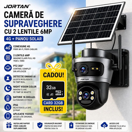 Camera de Supraveghere Jortan 4GHD cu 2 Lentile 6MP, 4G, Panou Solar, 18.000mAh, PTZ 355°, IP66, HD 1920 x 1080, Aplicație Yoosee + Card 32GB