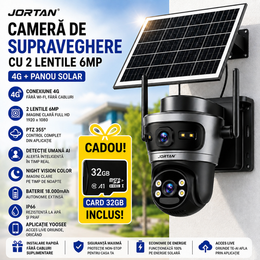 Camera de Supraveghere Jortan 4GHD cu 2 Lentile 6MP, 4G, Panou Solar, 18.000mAh, PTZ 355°, IP66, HD 1920 x 1080, Aplicație Yoosee + Card 32GB
