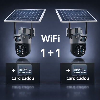 Set Două Camere Supraveghere VISURON 4K cu Panou Solar – Dubla Lentilă, 360°, Zoom 10X + Două Carduri 64GB CADOU!
