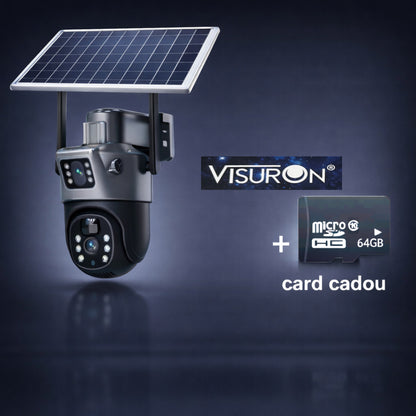 Cameră Supraveghere VISURON 4K  cu Panou Solar – Dubla Lentilă, 360°, Zoom 10X + Card 64GB CADOU!