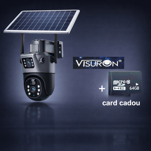 Cameră Supraveghere VISURON 4K  cu Panou Solar – Dubla Lentilă, 360°, Zoom 10X + Card 64GB CADOU!
