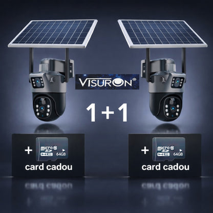 Set Două Camere Supraveghere VISURON 4K cu Panou Solar – Dubla Lentilă, 360°, Zoom 10X + Două Carduri 64GB CADOU!