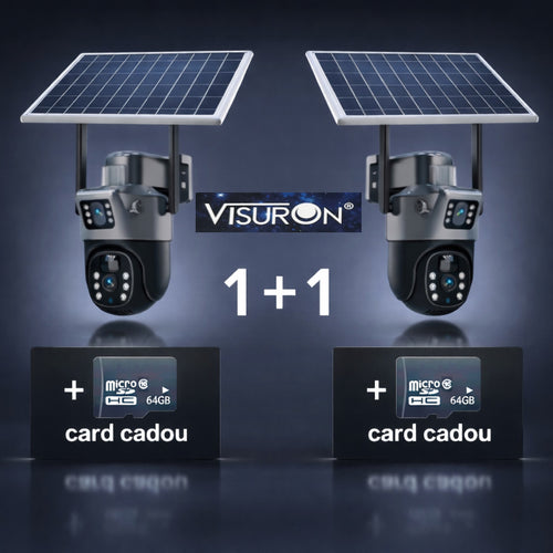 Set Două Camere Supraveghere VISURON 4K cu Panou Solar – Dubla Lentilă, 360°, Zoom 10X + Două Carduri 64GB CADOU!