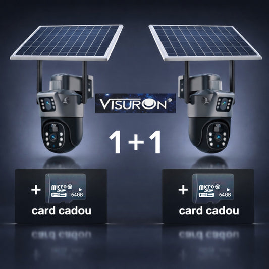 Set Două Camere Supraveghere VISURON 4K cu Panou Solar – Dubla Lentilă, 360°, Zoom 10X + Două Carduri 64GB CADOU!