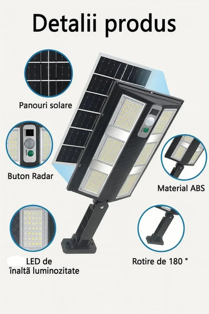 Lampă Solară Stradală LED Exterior 50W – 230 LED Next Gen, Senzor Mișcare, Telecomandă, IP66, Iluminat Inteligent